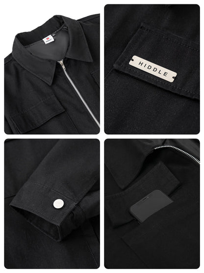 Collage of a black jacket with various details including a zipper, collar, button, and pocket.