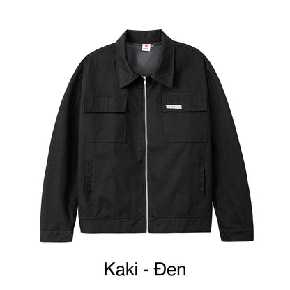 Black jacket with a brand logo on a white background
