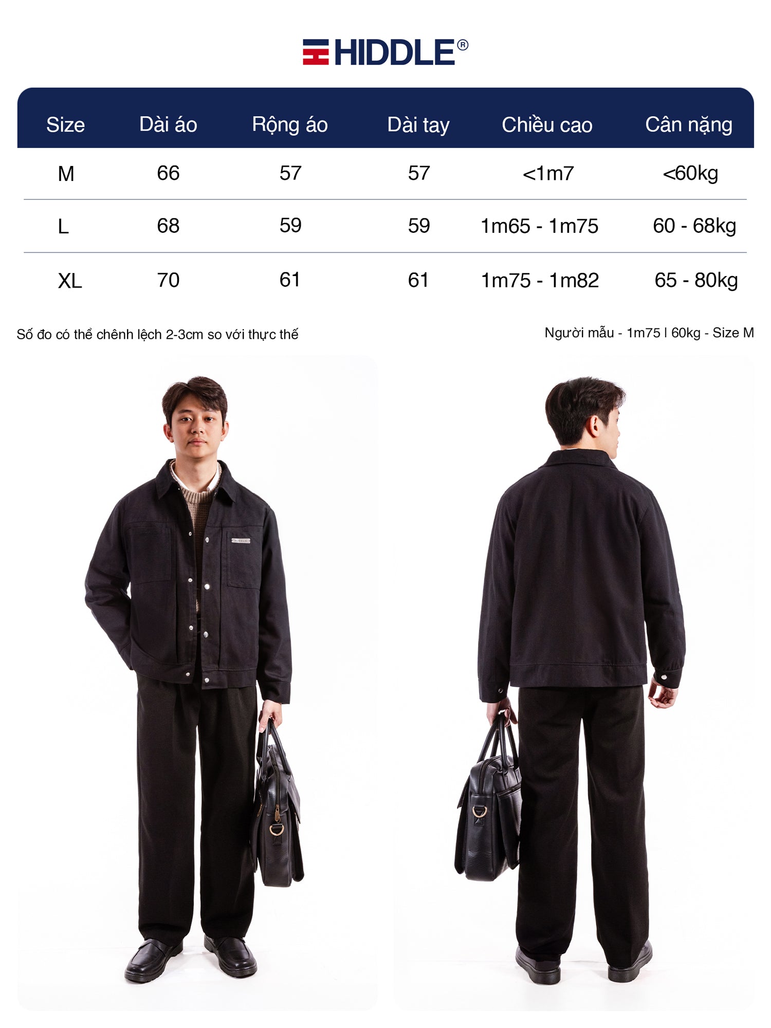 Measurement chart for Hiddle workwear with two models wearing the outfit.