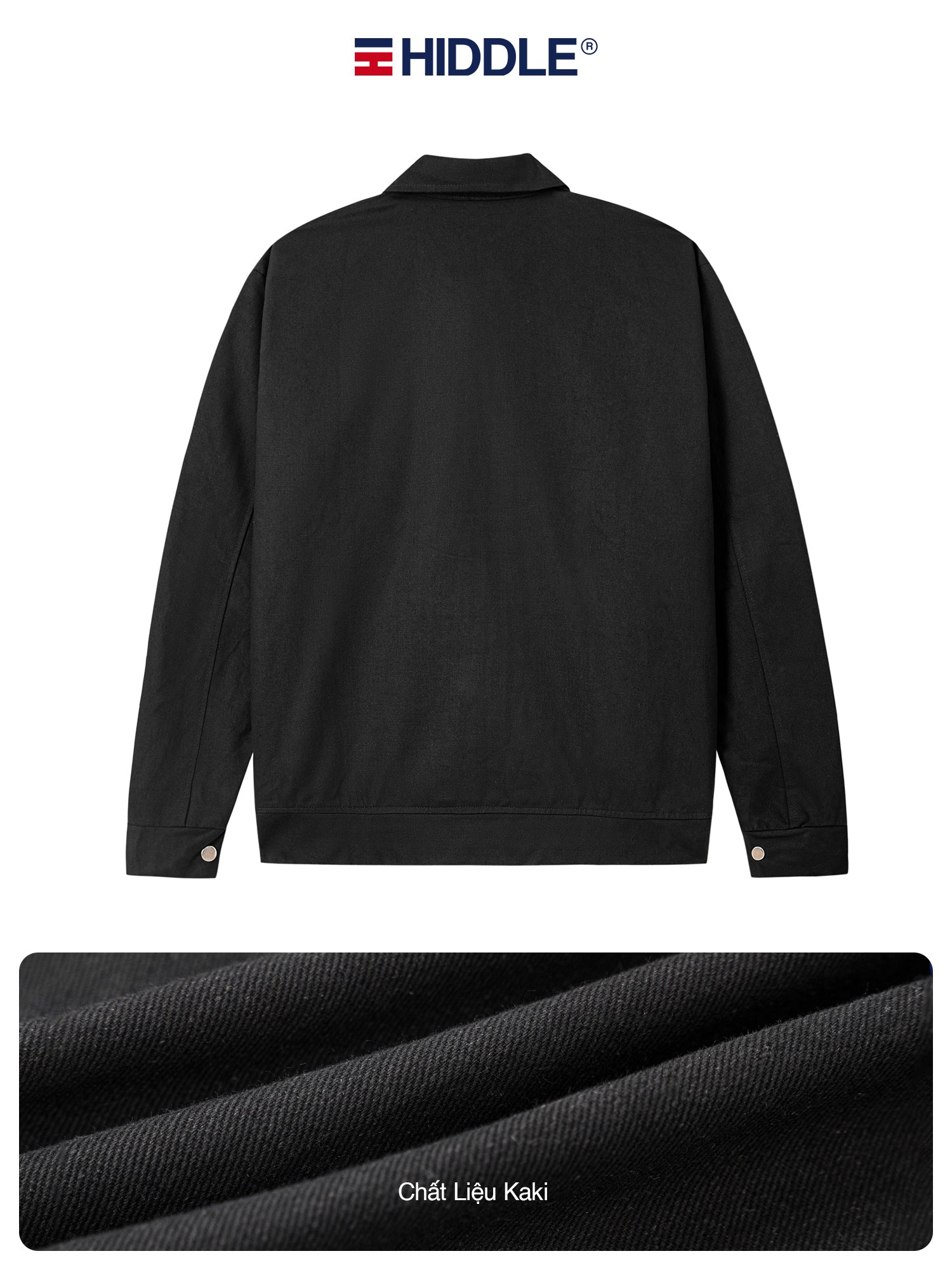 Black jacket with Hiddle branding on a white background