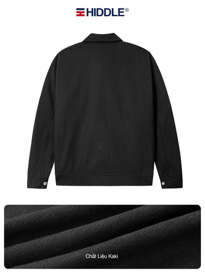Black jacket with Hiddle branding on a white background