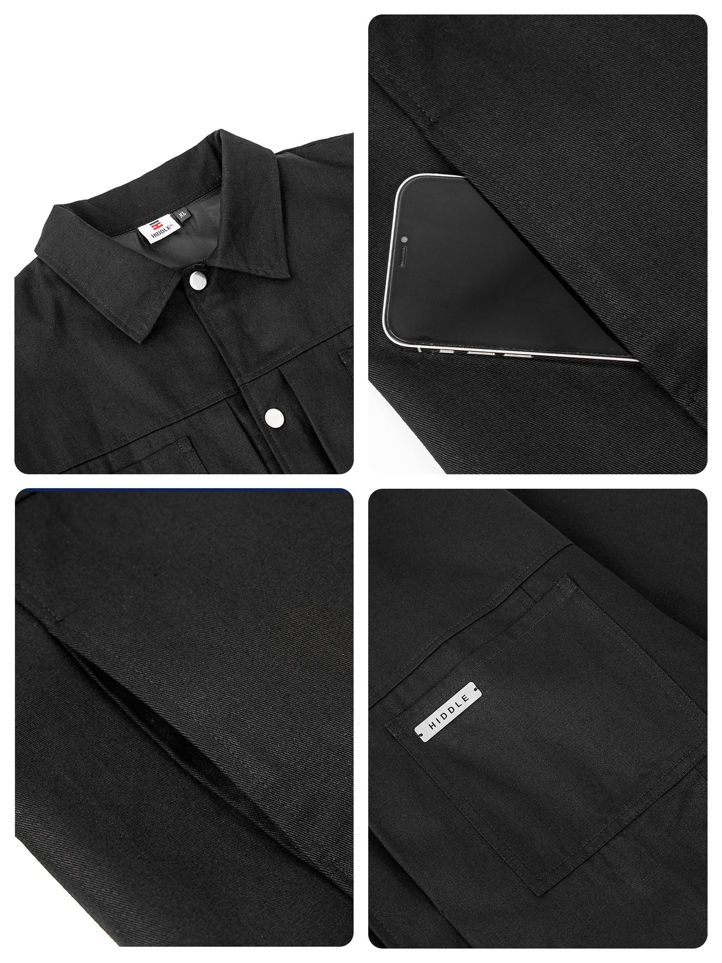 Collage of a black shirt with close-up details on collar, fabric texture, and label.