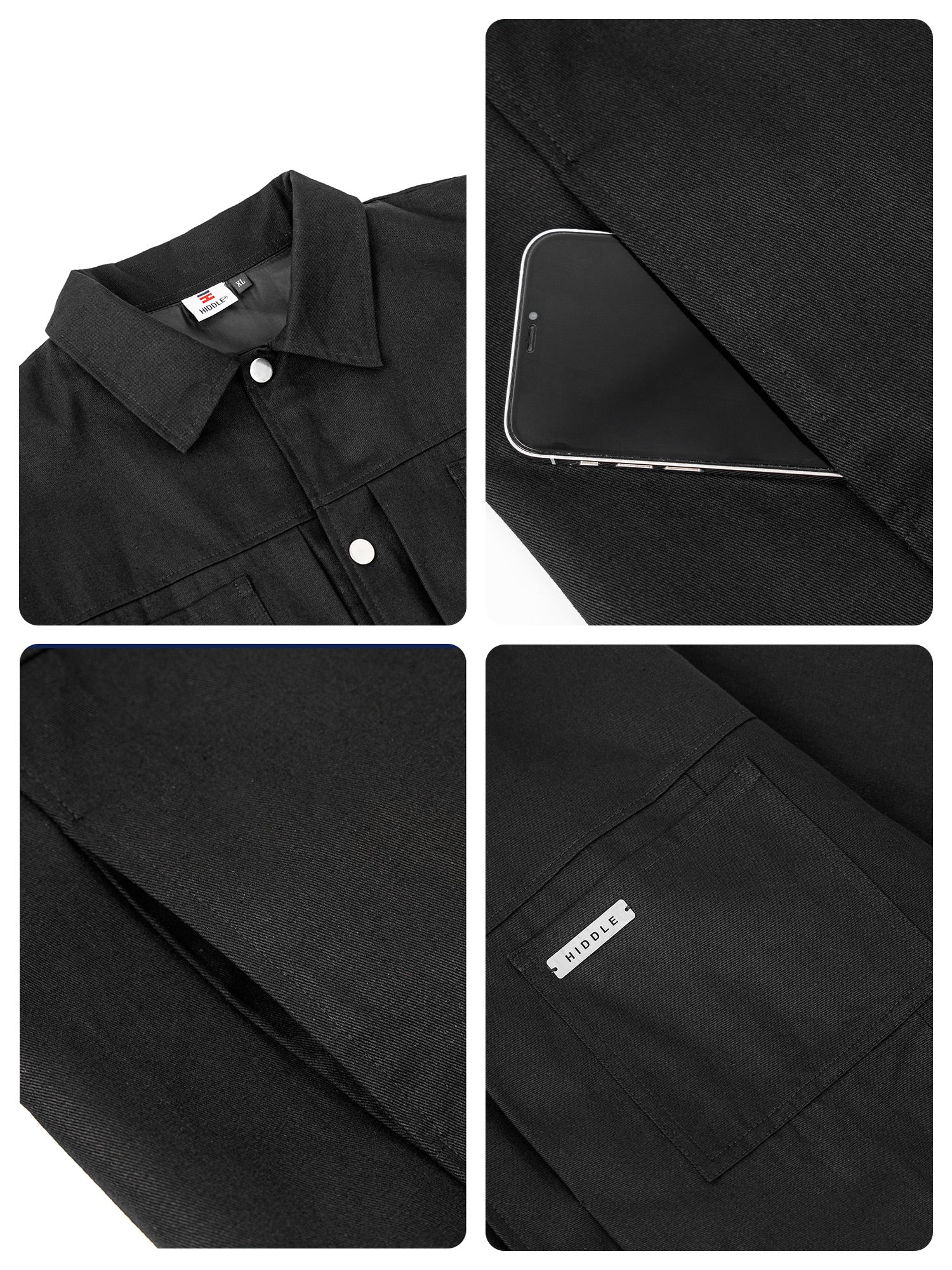 Collage of a black shirt with close-up details on collar, fabric texture, and label.