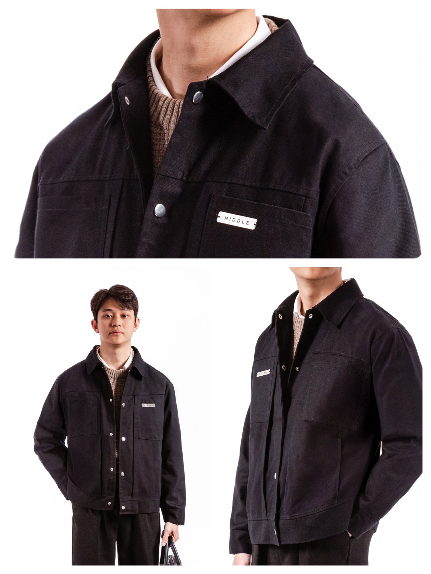 Black jacket with a brand logo worn by a person on a white background