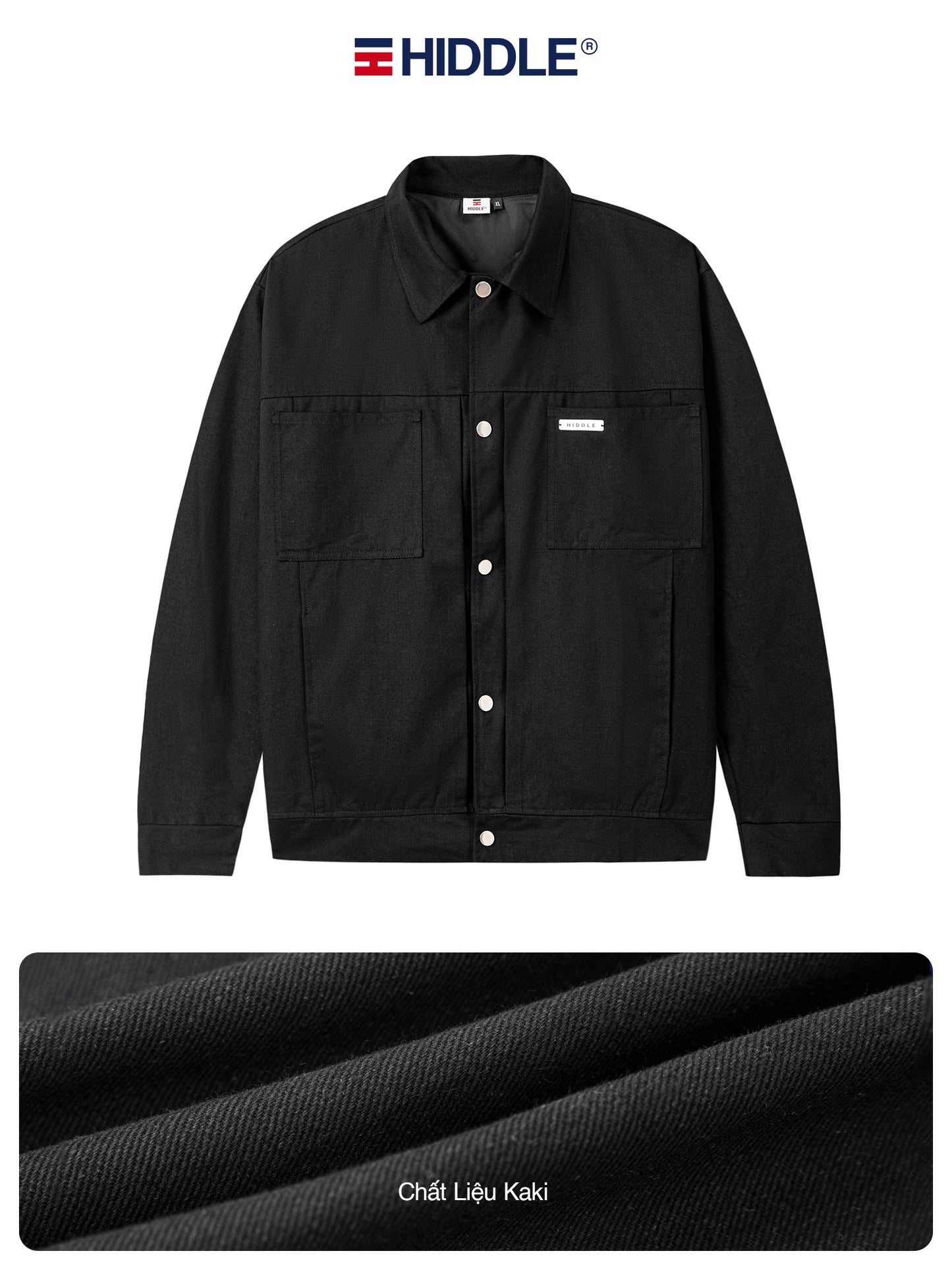 Black jacket with Hiddle branding on a white background