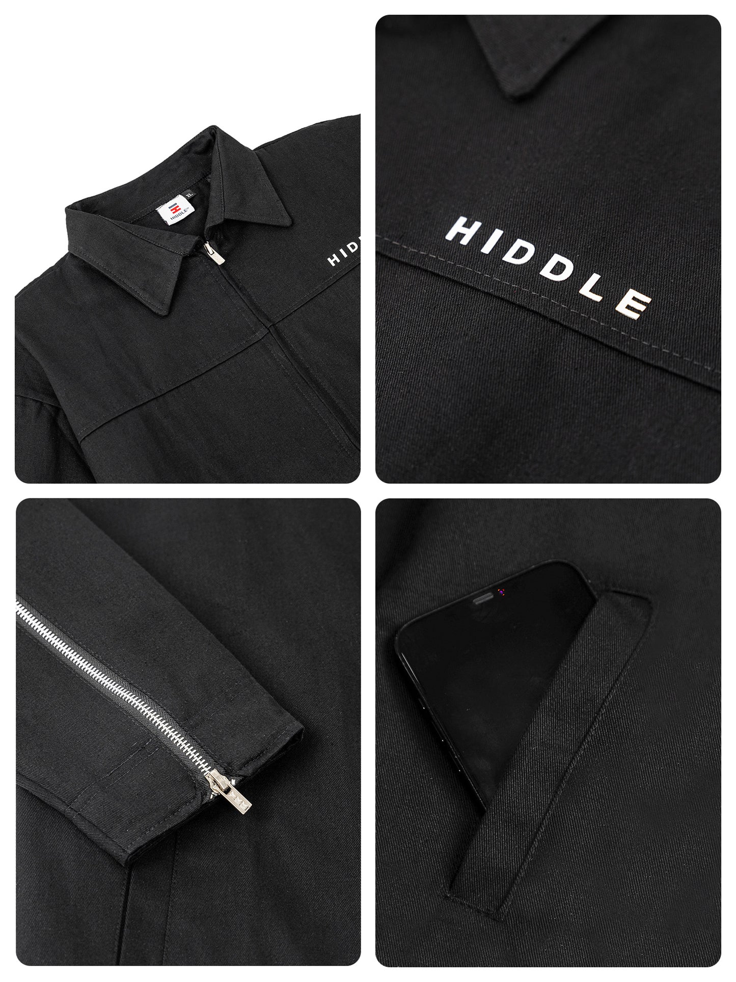 Black jacket with 'Hiddle' branding and zipper details.
