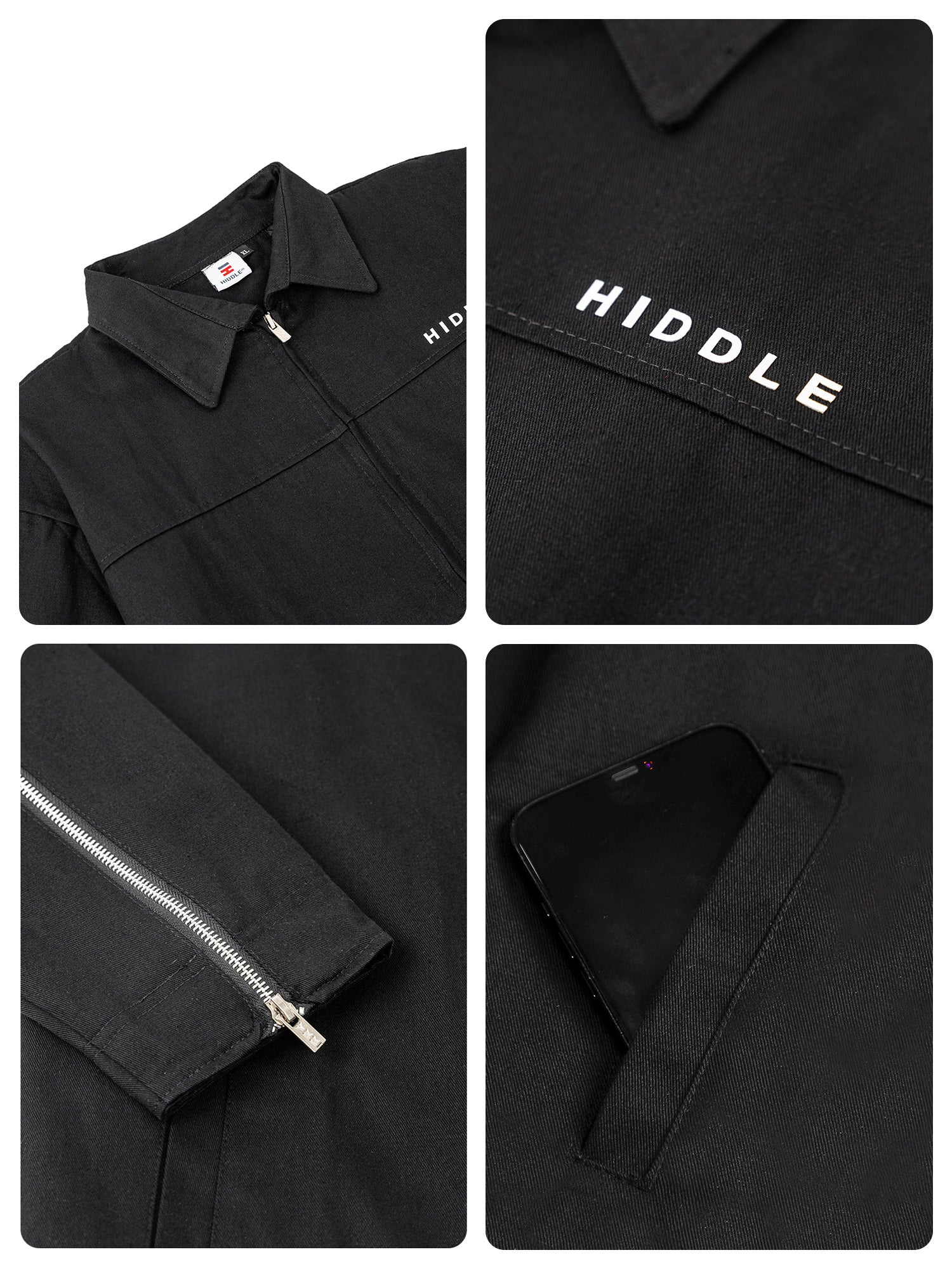 Black jacket with 'Hiddle' branding and zipper details.