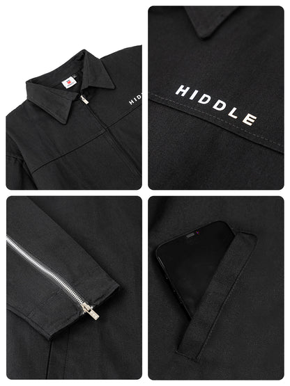 Black jacket with 'Hiddle' branding and zipper details.