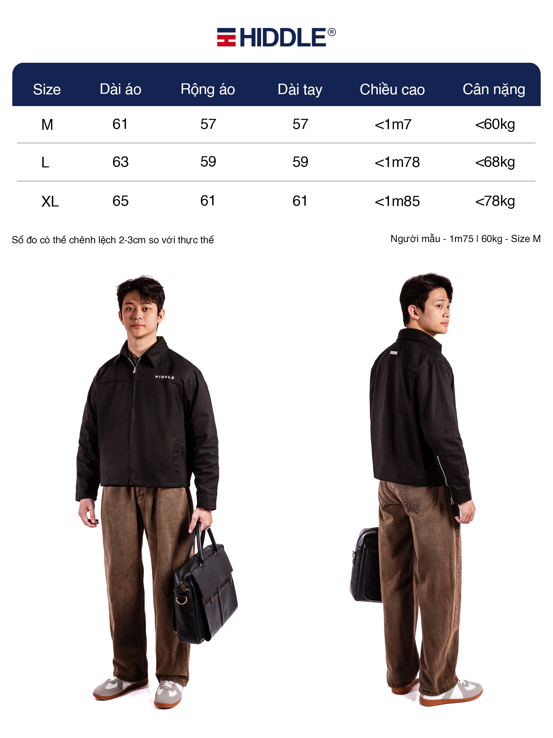 Size chart for clothing with two models wearing a black jacket and brown pants, and Hiddle branding.