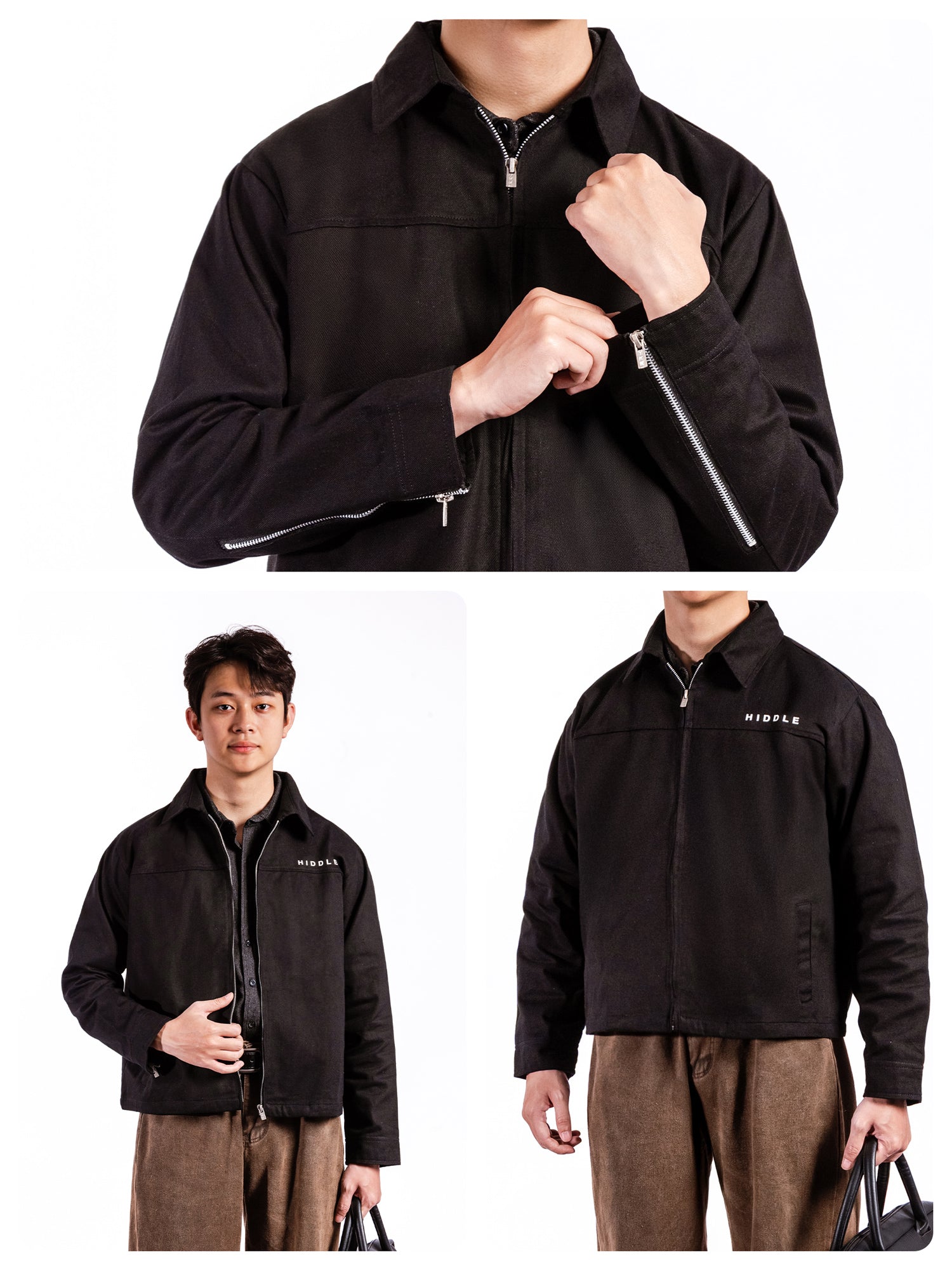 Black jacket with a zipper being pulled, followed by a person wearing the jacket with a visible brand logo.