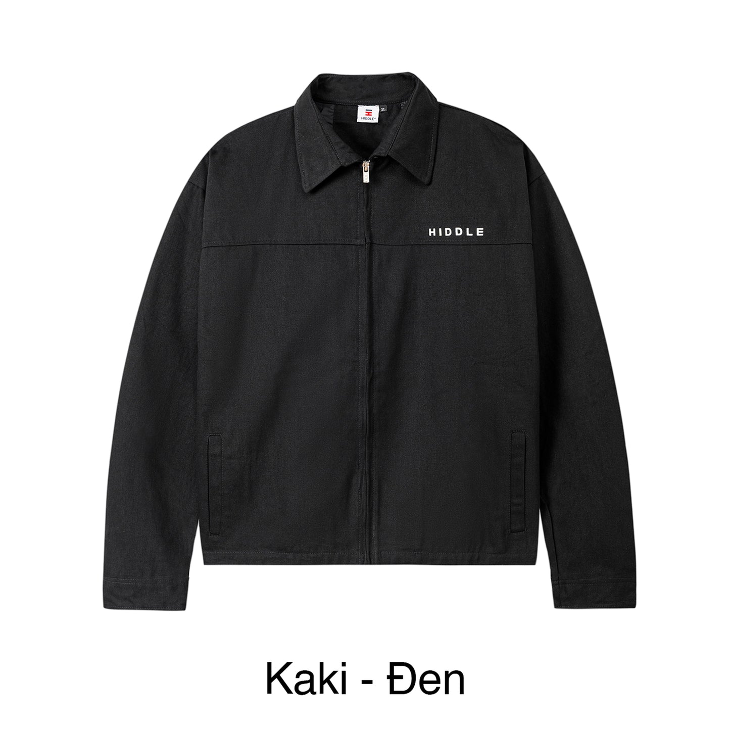 Black jacket with 'HIDDLE' branding on a white background