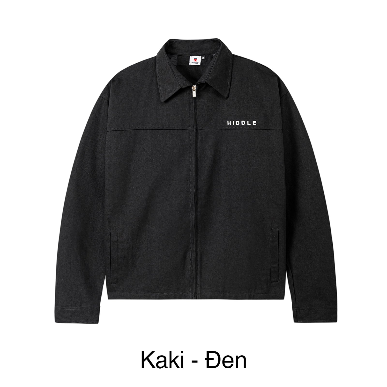 Black jacket with 'HIDDLE' branding on a white background