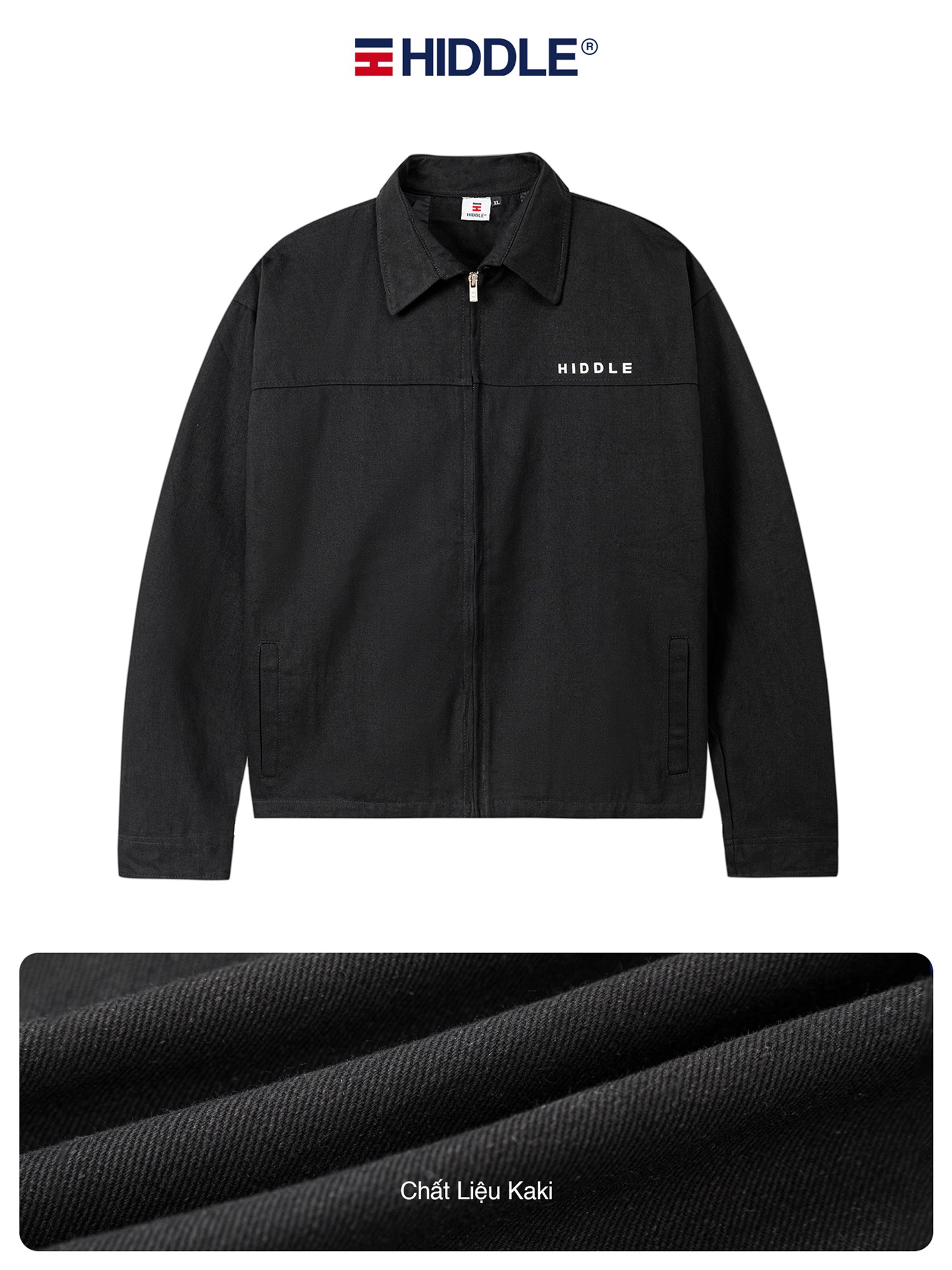 Black jacket with 'Hiddle' branding on a white background