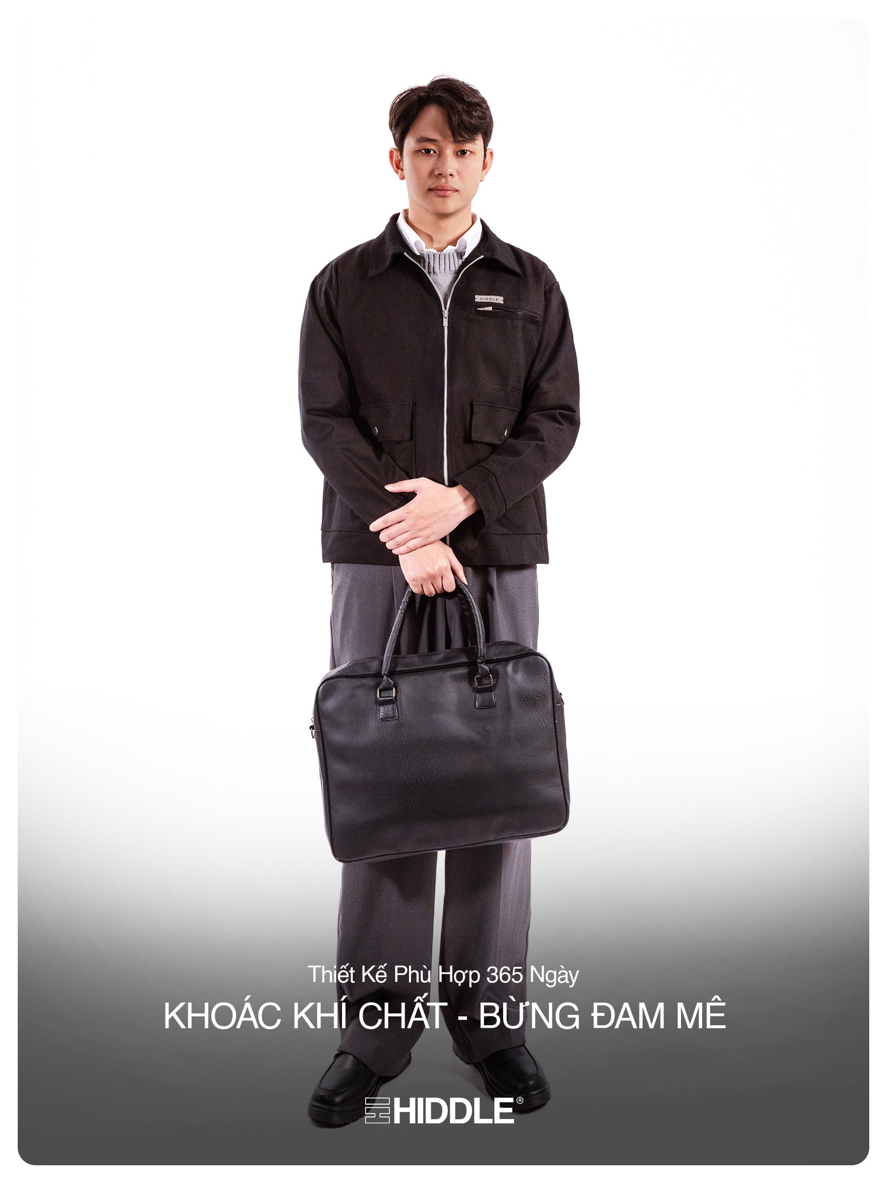 Man holding a black briefcase against a white background, with text overlay.