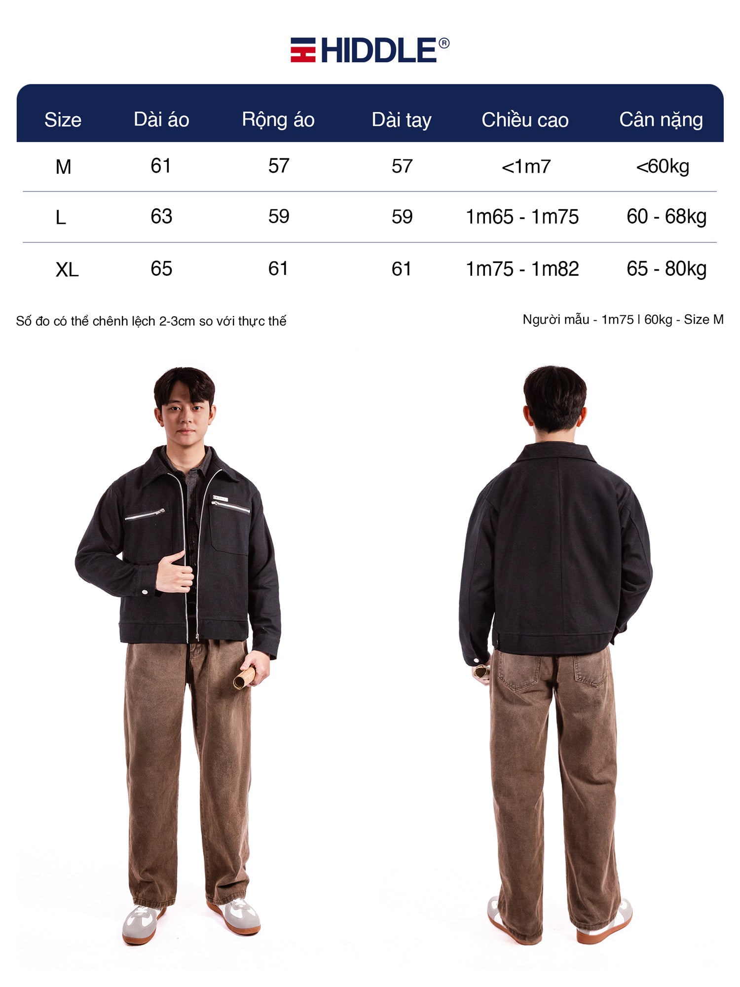 Person wearing a black jacket and brown pants with Hiddle branding, showing front and back views.