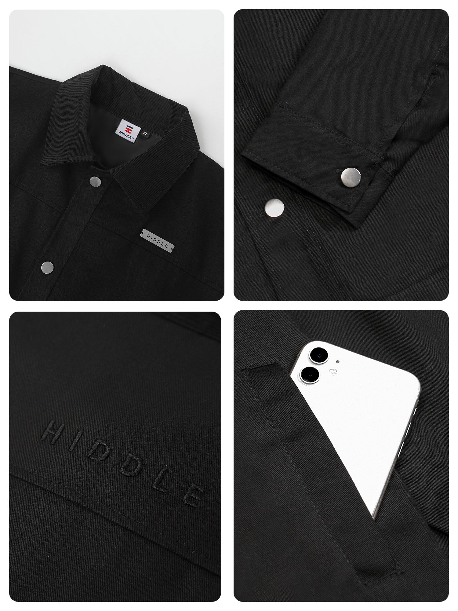 Collage of a black jacket with close-up details on buttons and brand logo.