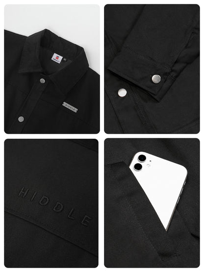 Collage of a black jacket with close-up details on buttons and brand logo.