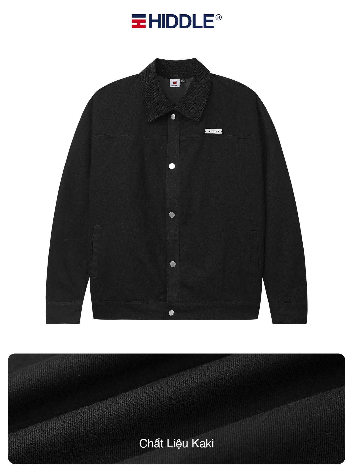 Black jacket with visible brand logo on a white background