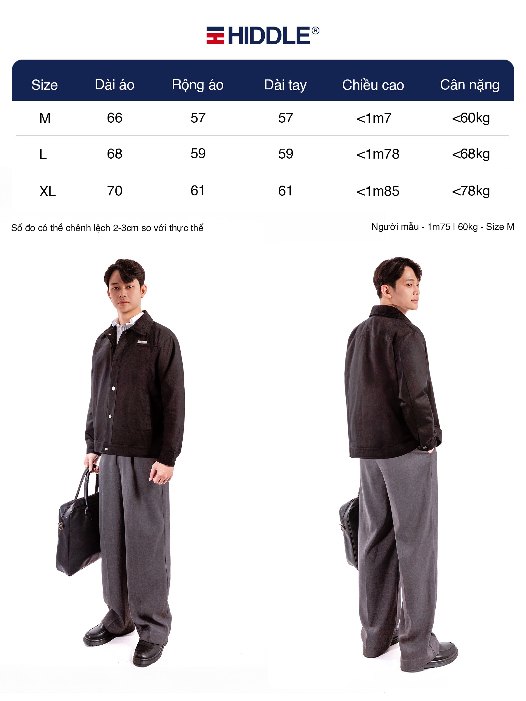 Hiddle clothing size chart with two models wearing black jackets and gray pants.