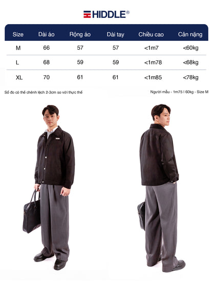 Hiddle clothing size chart with two models wearing black jackets and gray pants.