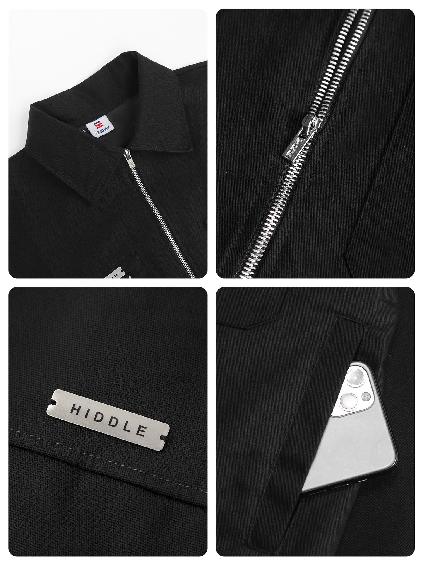 Collage of a black jacket with close-up details including a zipper, brand label, and pocket.