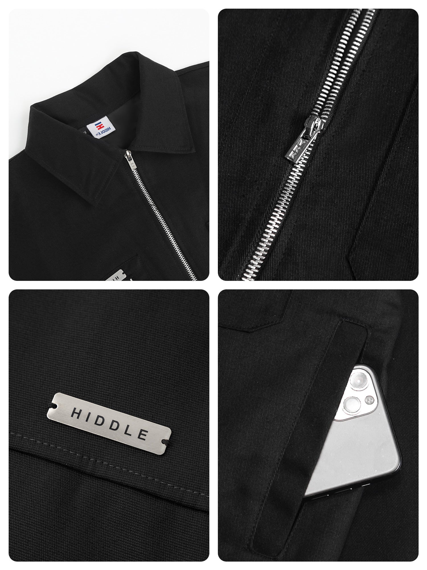 Collage of a black jacket with close-up details including a zipper, brand label, and pocket.
