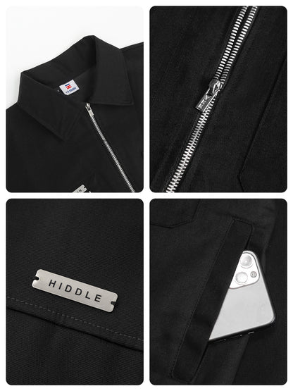 Collage of a black jacket with close-up details including a zipper, brand label, and pocket.