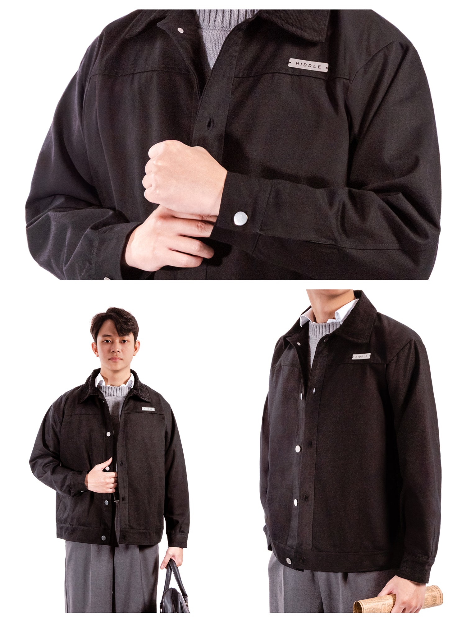 Black jacket with brand logo worn by a person on a white background