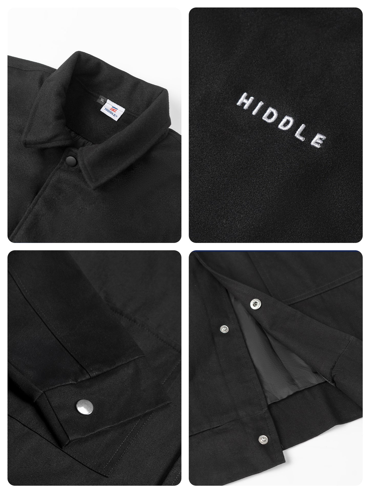 Collage of a black jacket with close-up details on a white background