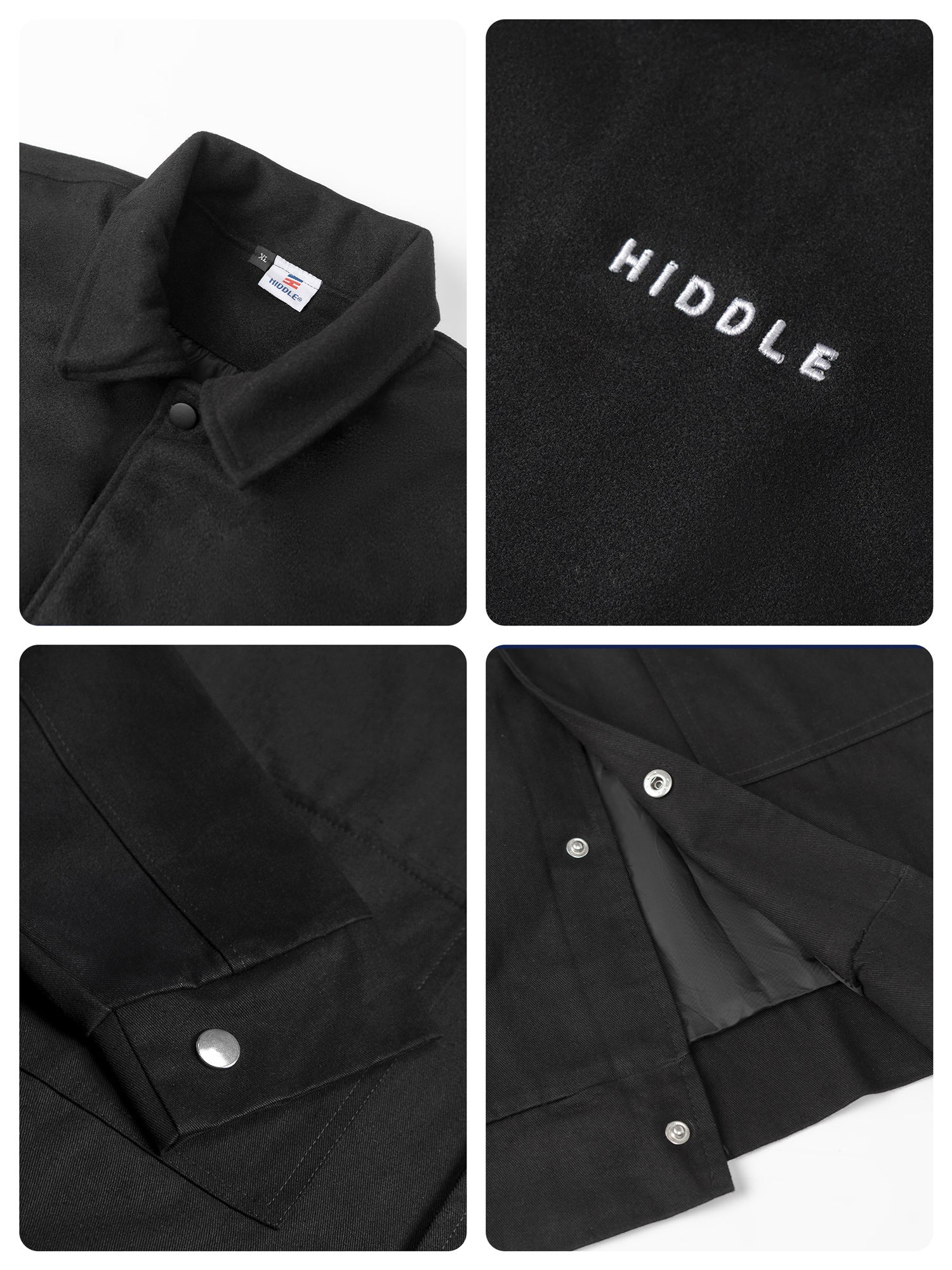 Collage of a black jacket with close-up details on a white background