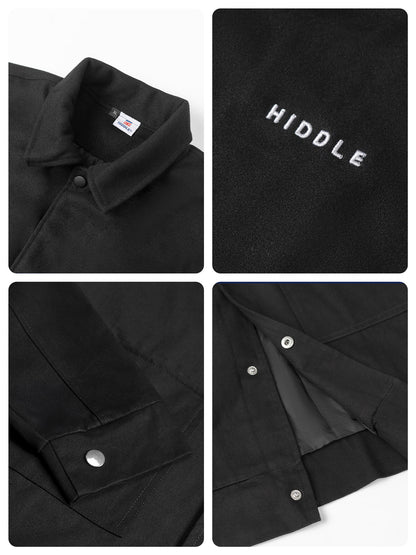 Collage of a black jacket with close-up details on a white background