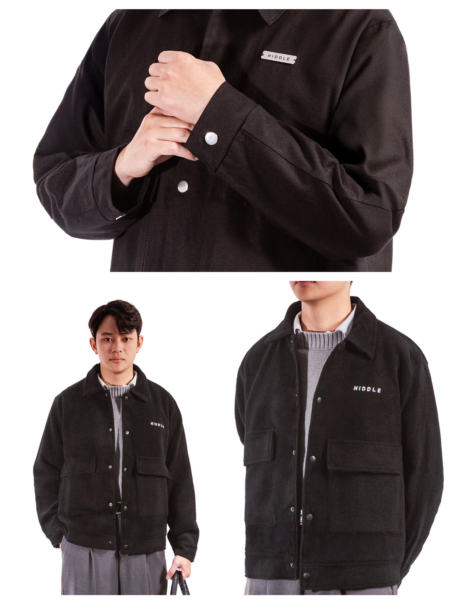 Black jacket with brand logo worn by a person on a white background