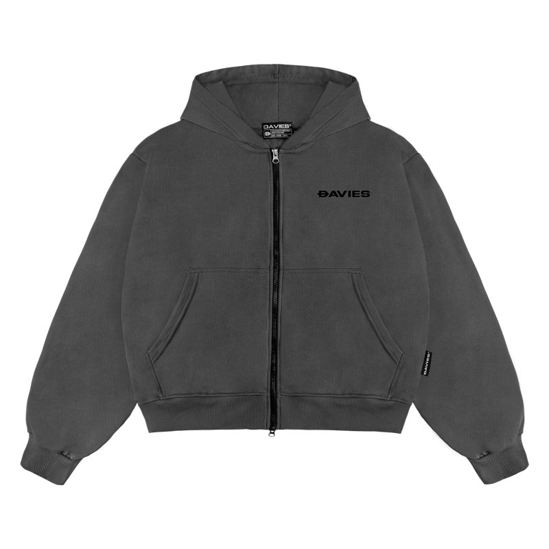 Gray hoodie with a zipper and 'DAVIES' branding on a white background