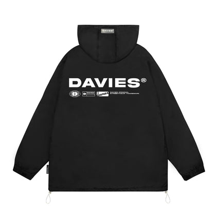 Black jacket with 'DAVIES' branding on the back against a white background
