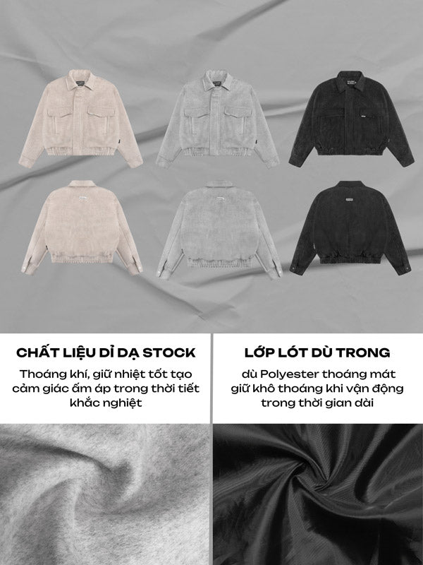 Collection of denim jackets in different colors on a gray background with fabric texture details.