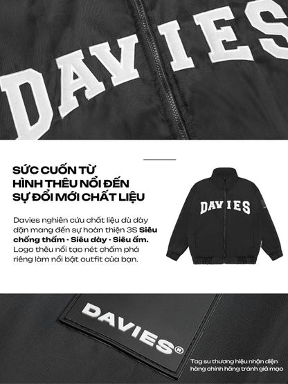 Black jacket with 'DAVIES' branding on a dark background