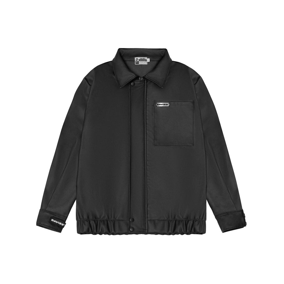 Black jacket with a collar and pocket on a white background