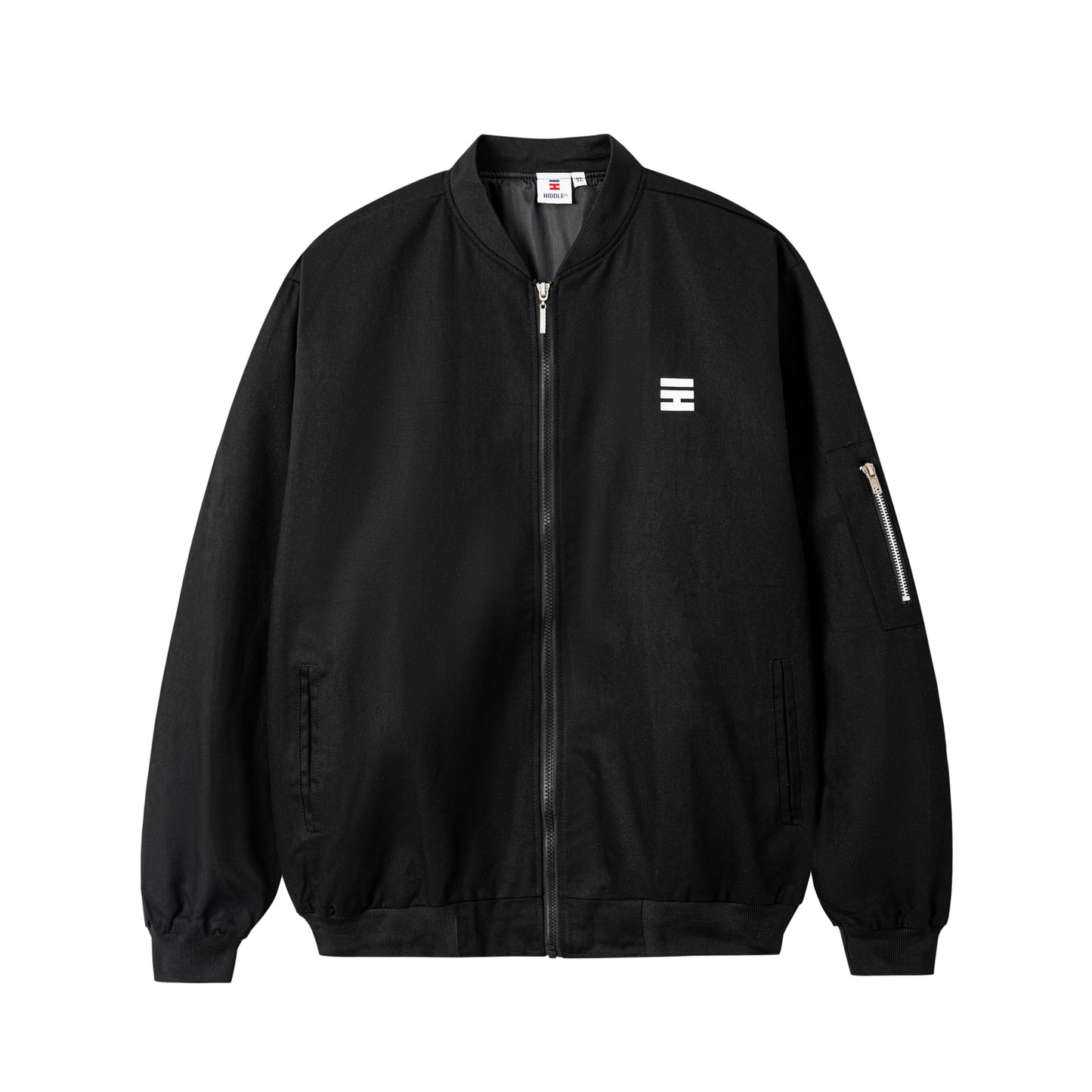 Black jacket with a small logo on a white background