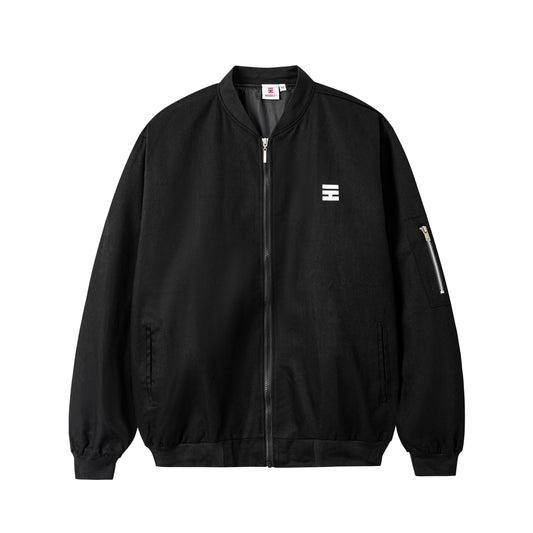Black jacket with a small logo on a white background