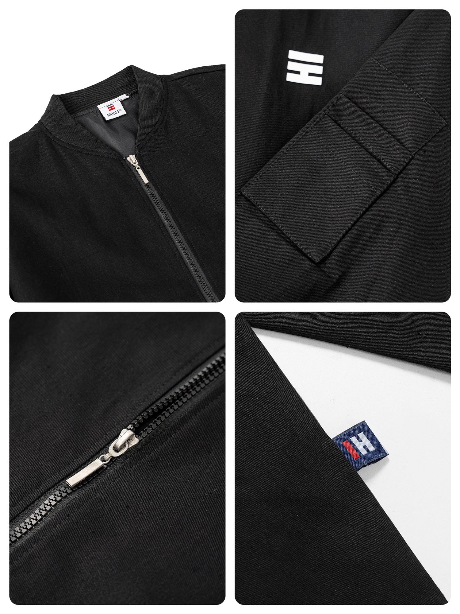 Black jacket with zipper and brand logo on a white background