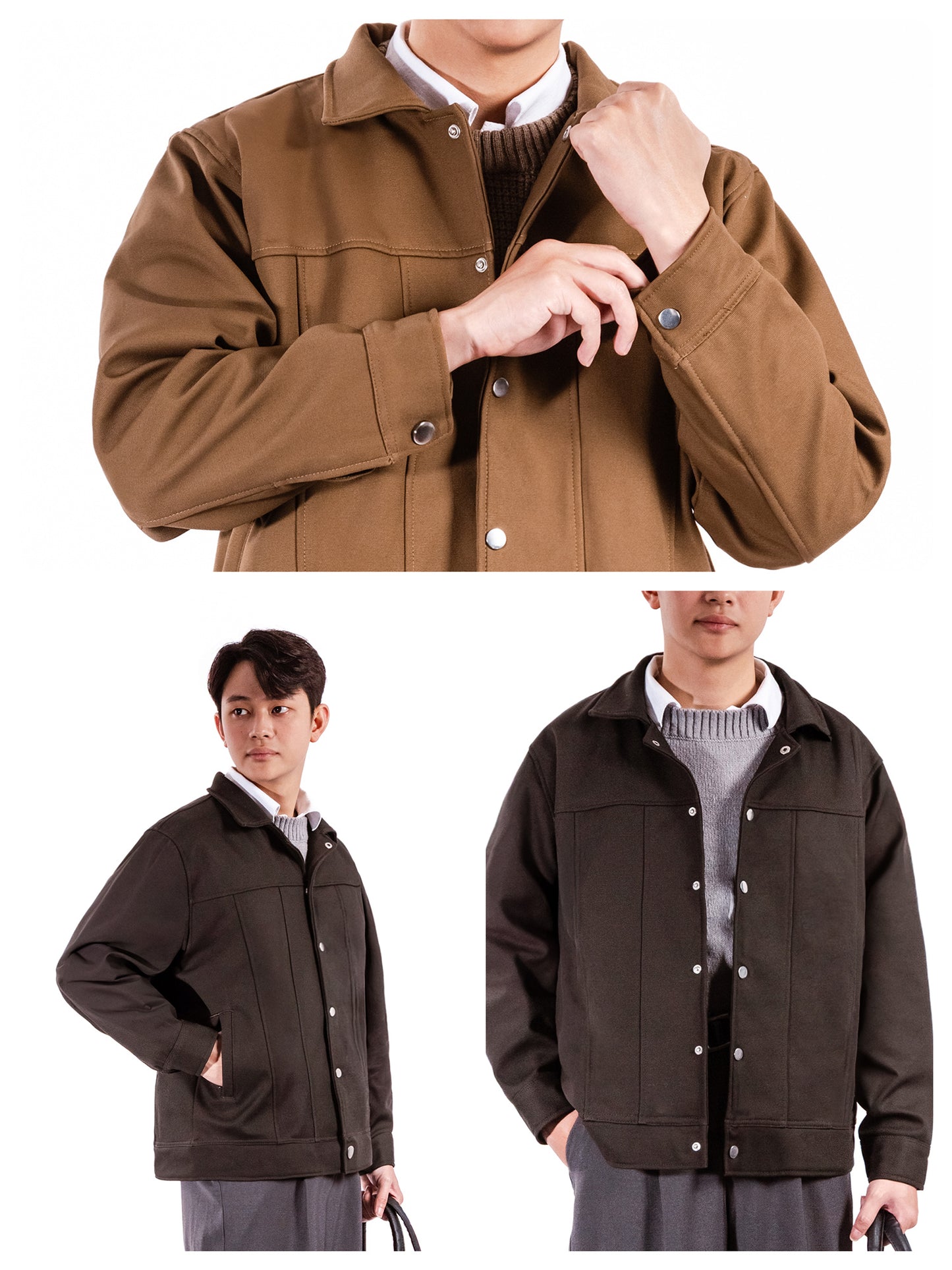 Brown jacket worn by a person on a white background