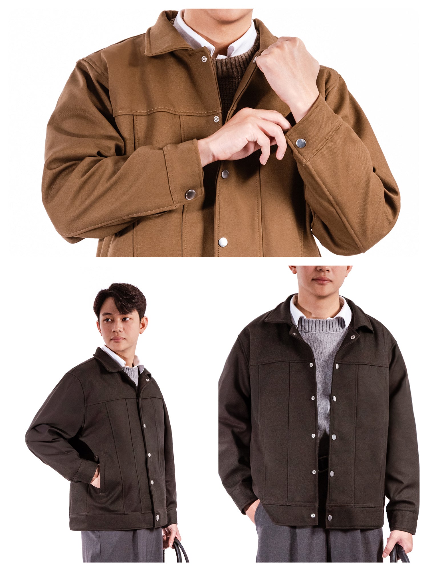 Brown jacket worn by a person on a white background