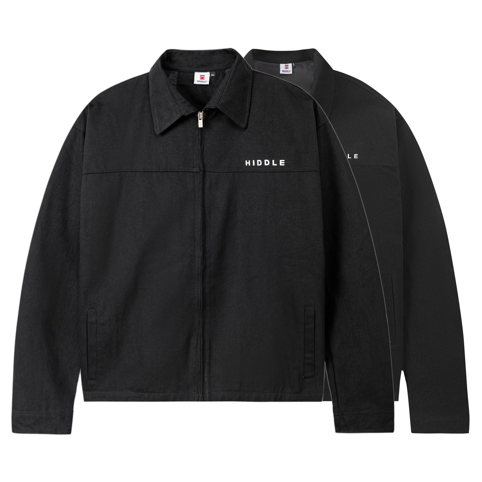 Black jacket with 'Hiddle' branding on a white background