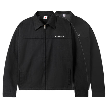 Black jacket with 'Hiddle' branding on a white background