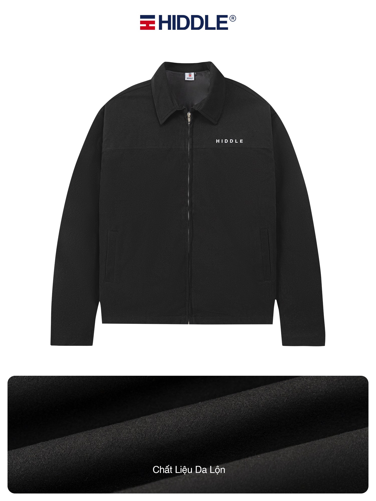 Black jacket with 'Hiddle' branding on a white background