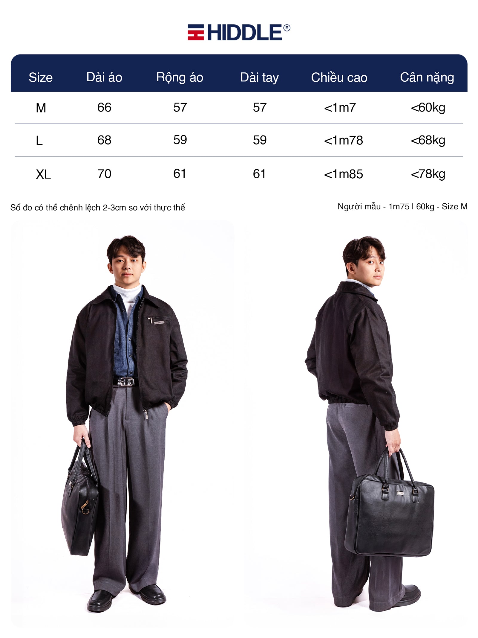 Size chart for Hiddle clothing with two models wearing the outfit.