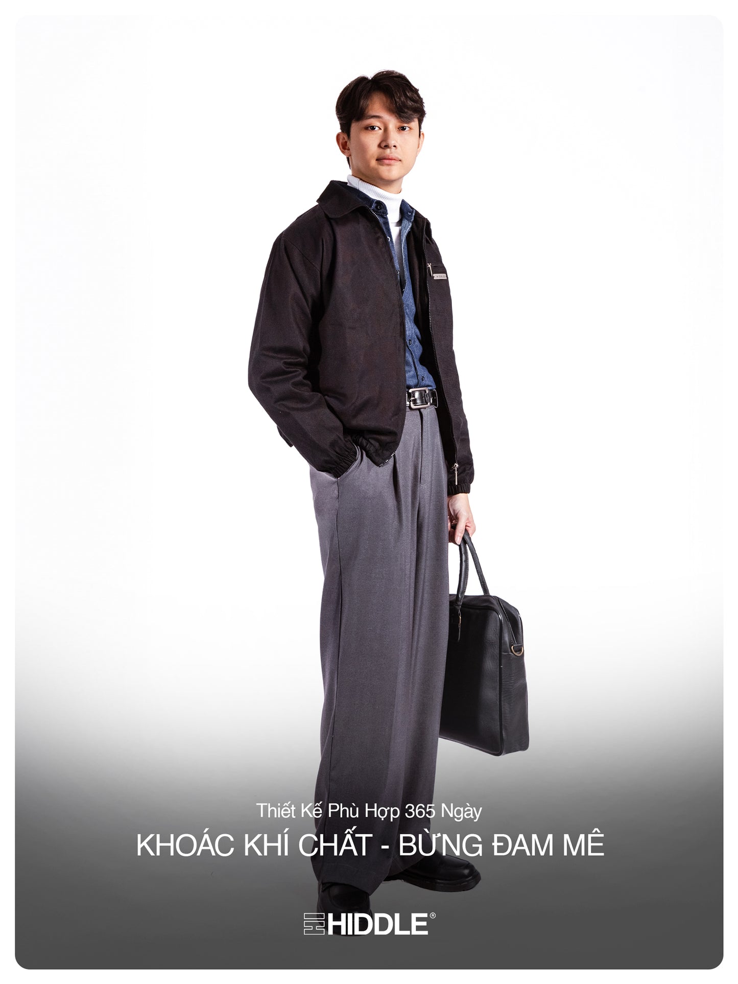 Man in formal attire holding a briefcase with Hiddle branding.