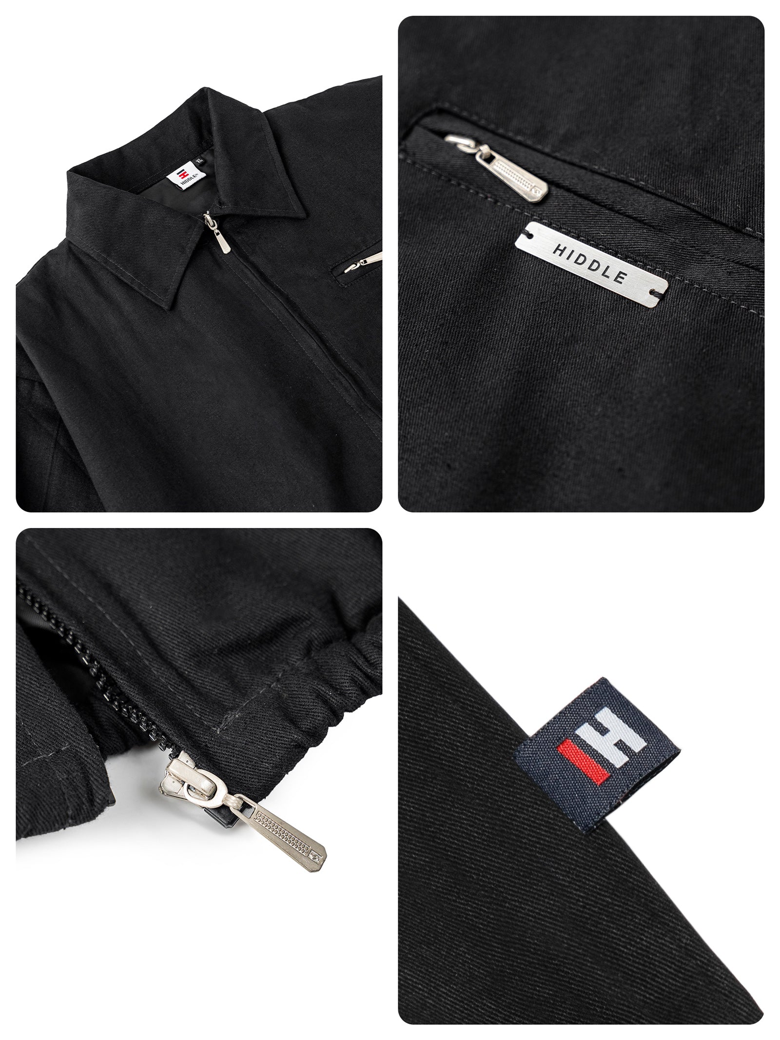 Black jacket with zipper details and brand logo on a white background