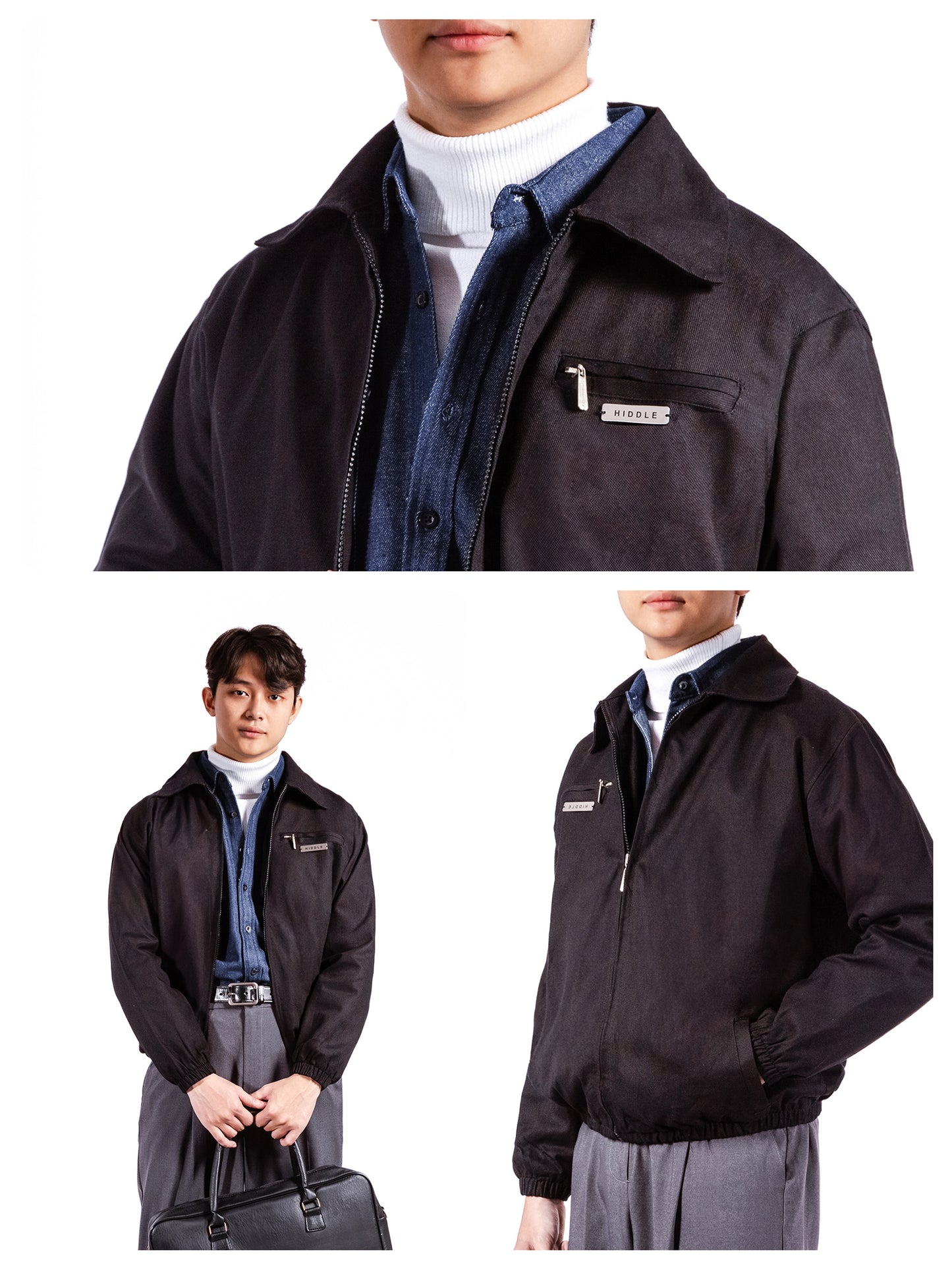 Black jacket worn by a person with a white shirt and gray pants on a white background