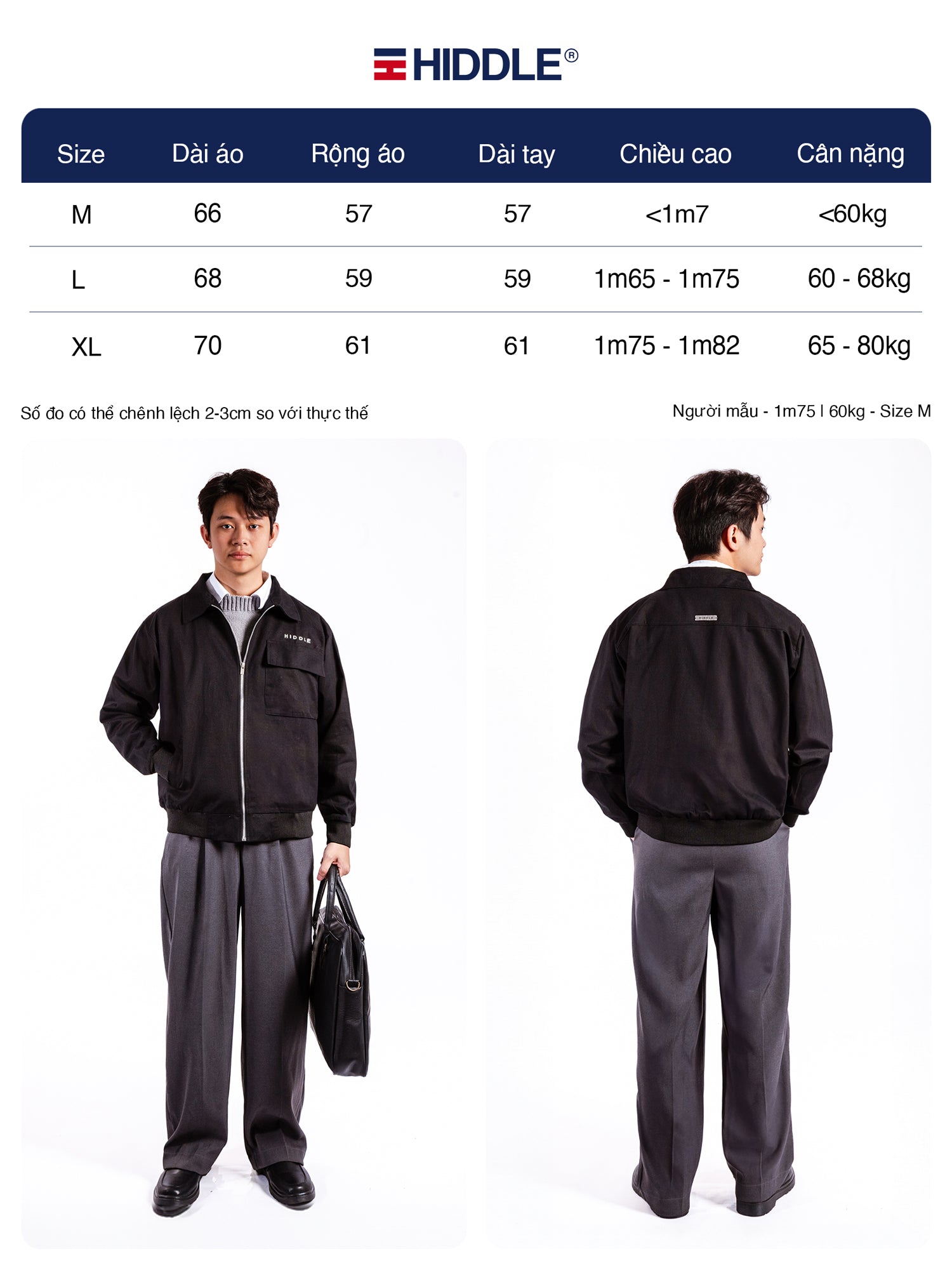 Black jacket and gray pants set with size chart and model display on a white background